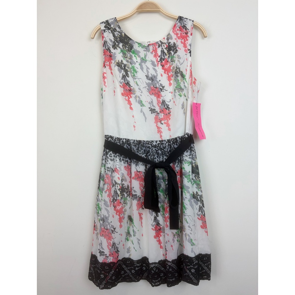 Betsey Johnson Floral Belted‎ Lace Trim Sleeveless Fit and Flare Dress Size 10
